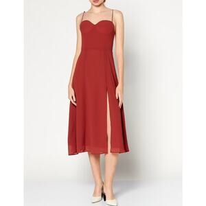 REVOLVE OPT Sweetheart Midi Dress Tie Shoulder Slit Chiffon, Rust